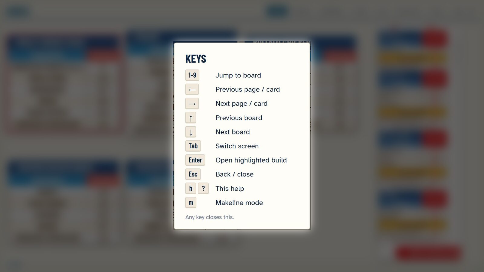 The help overlay listing every key