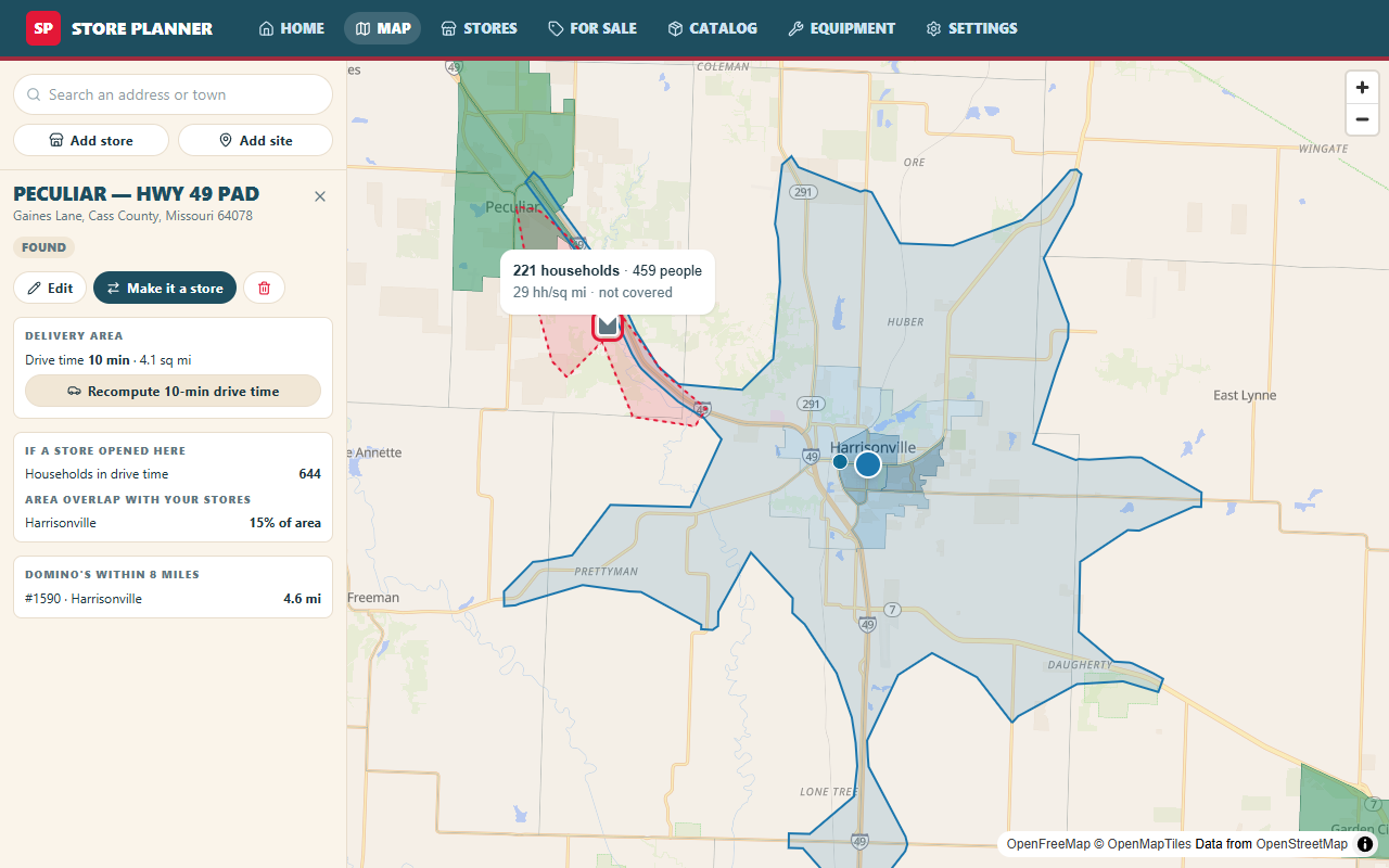 Market map: a candidate site with its drive-time area, households, and overlap with an existing store
